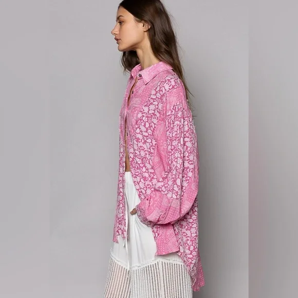 POL Button Down Long Sleeve Paisley Print Shirt